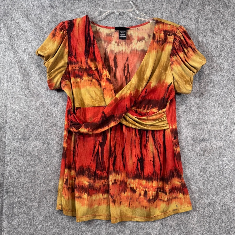 Vtg Y2K Babydoll Wrap Top Orange Red Tie-Dye Large Vanity Whimsygoth Bubble